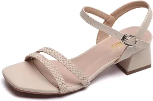 WUIWUIYU Women's Low Mid Heels Braided Open Toe Ankle Strap Block Chunky Heel Sandals Holiday Party Wedding Dress Pumps Shoes