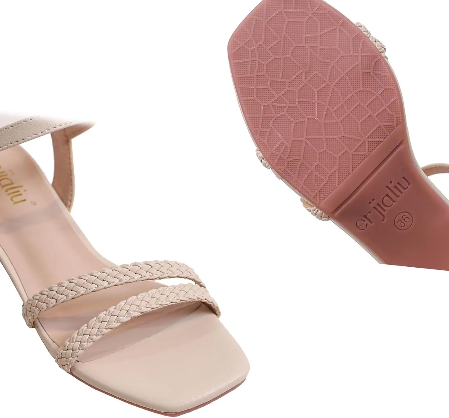 WUIWUIYU Women's Low Mid Heels Braided Open Toe Ankle Strap Block Chunky Heel Sandals Holiday Party Wedding Dress Pumps Shoes