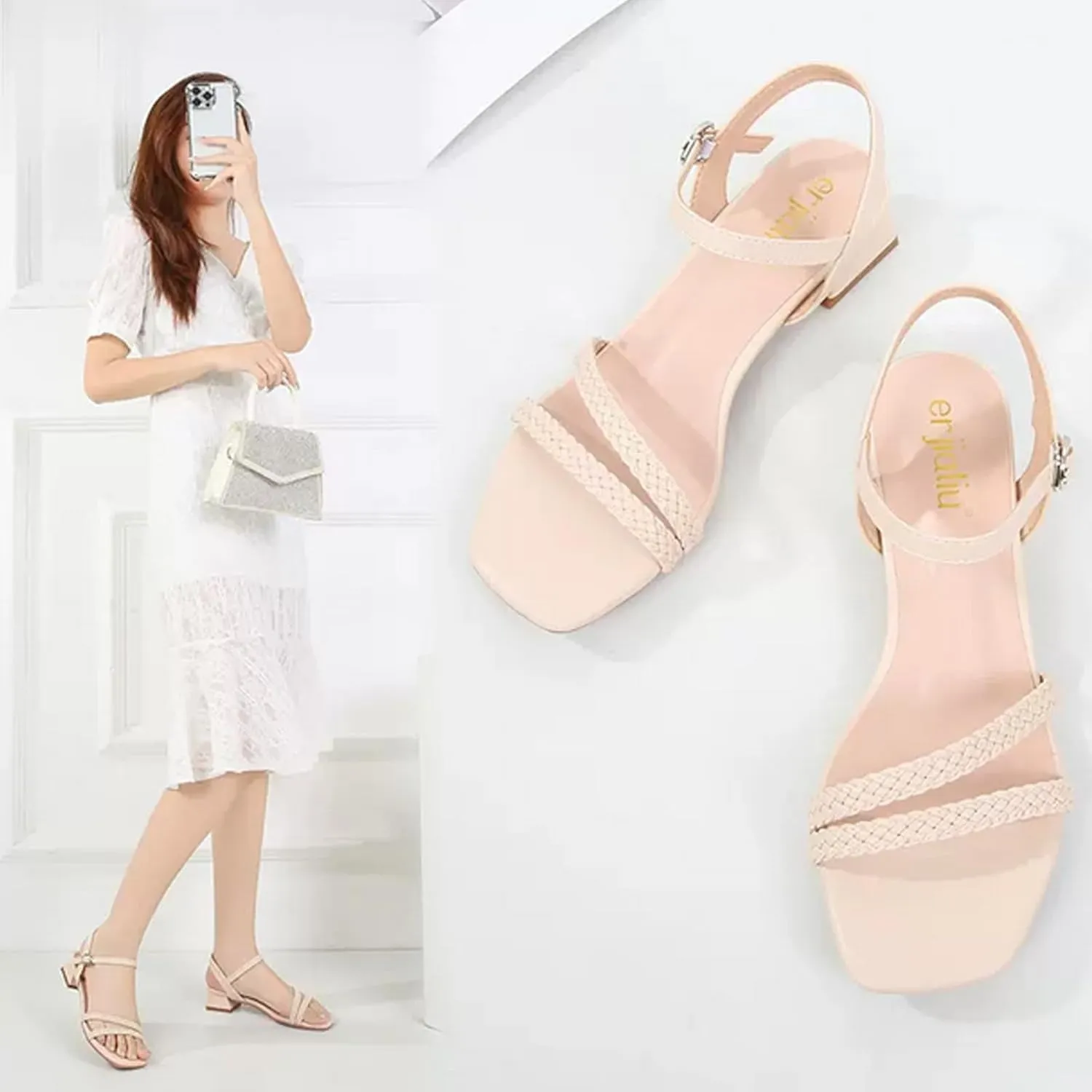 WUIWUIYU Women's Low Mid Heels Braided Open Toe Ankle Strap Block Chunky Heel Sandals Holiday Party Wedding Dress Pumps Shoes