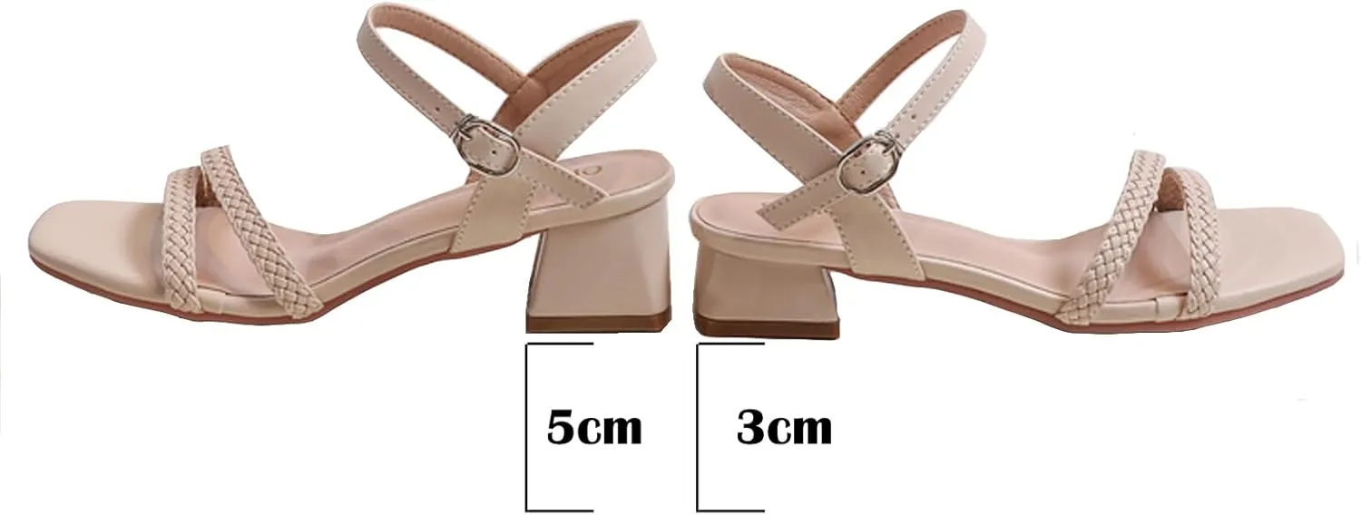 WUIWUIYU Women's Low Mid Heels Braided Open Toe Ankle Strap Block Chunky Heel Sandals Holiday Party Wedding Dress Pumps Shoes