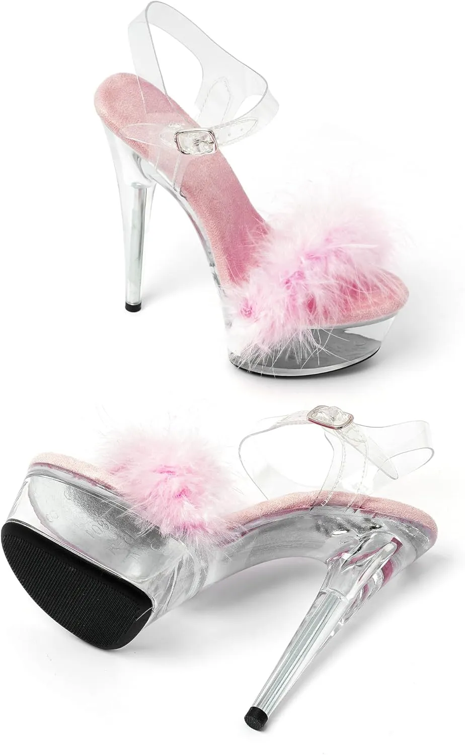 WUXIN H&P Women's 6 in Clear Platform Furry Heels Ankle-Strap Sexy, 6 in Pole Dance High Heel Platform, Exotic Clear Platform Pole Dance Heels Shoes Stiletto