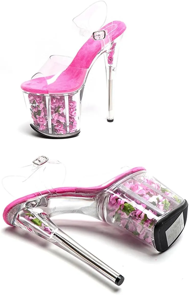 WUXIN H&P Women's Exotic Clear Platform Pole Dance Sandal 8 Inch Round Toe Flower Fashion Model Sexy Stiletto Ankle-Strap Custom TPU Dress shoes Stripper High Heel