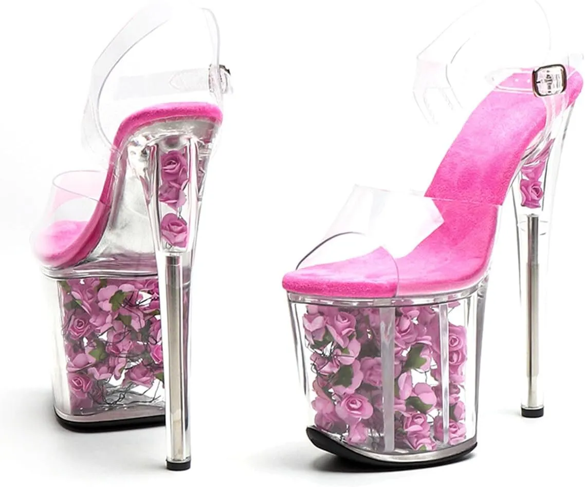 WUXIN H&P Women's Exotic Clear Platform Pole Dance Sandal 8 Inch Round Toe Flower Fashion Model Sexy Stiletto Ankle-Strap Custom TPU Dress shoes Stripper High Heel