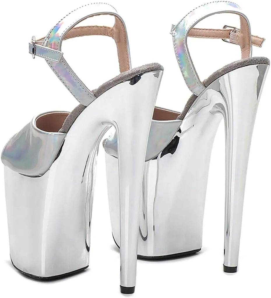 WUXIN H&P Women's Exotic High Heel Sandal 8 Inch Mirror Patent Leather Round Toe Platform Fashion Model Sexy Stiletto Custom Pole Dance Ankle-Strap Dress shoes