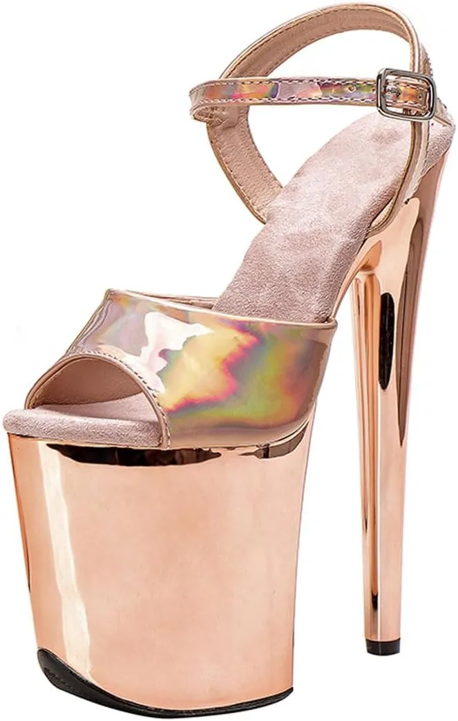 WUXIN H&P Women's Exotic High Heel Sandal 8 Inch Mirror Patent Leather Round Toe Platform Fashion Model Sexy Stiletto Custom Pole Dance Ankle-Strap Dress shoes