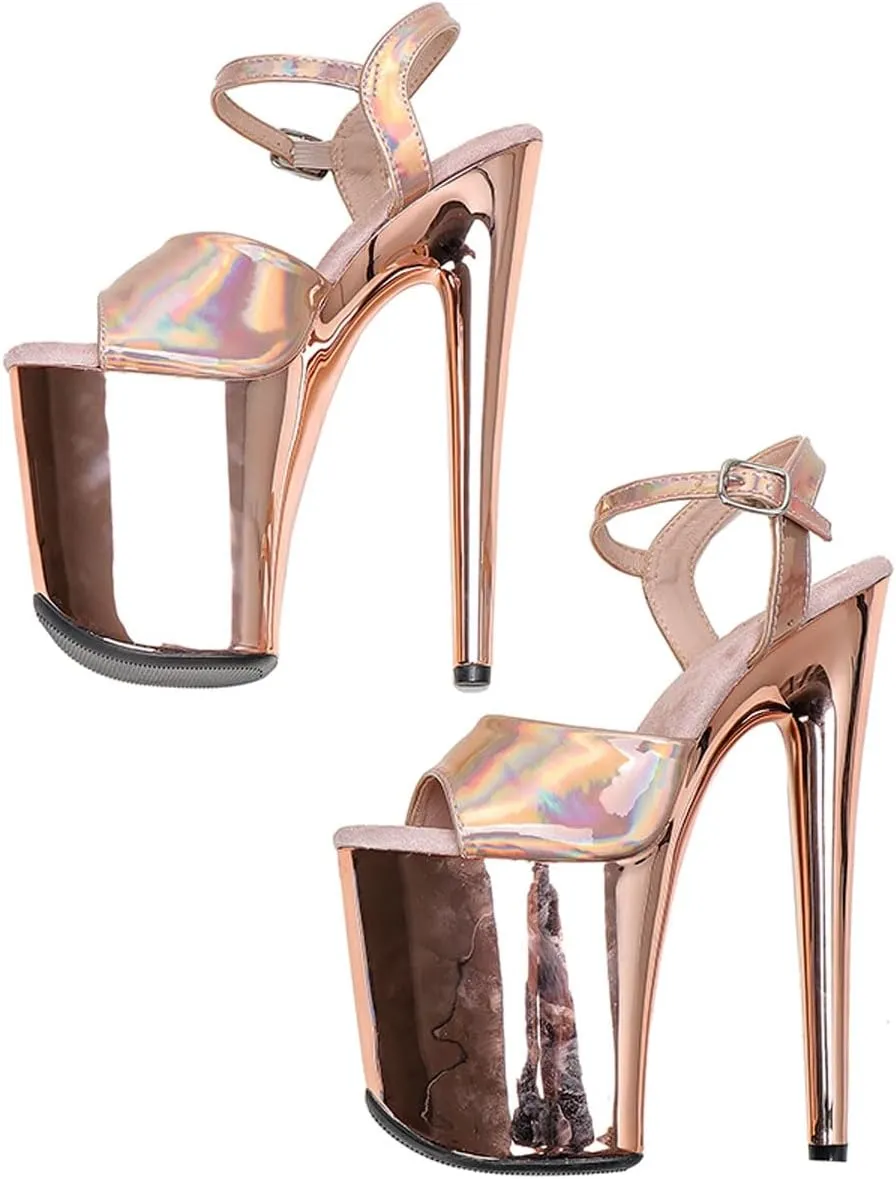 WUXIN H&P Women's Exotic High Heel Sandal 8 Inch Mirror Patent Leather Round Toe Platform Fashion Model Sexy Stiletto Custom Pole Dance Ankle-Strap Dress shoes