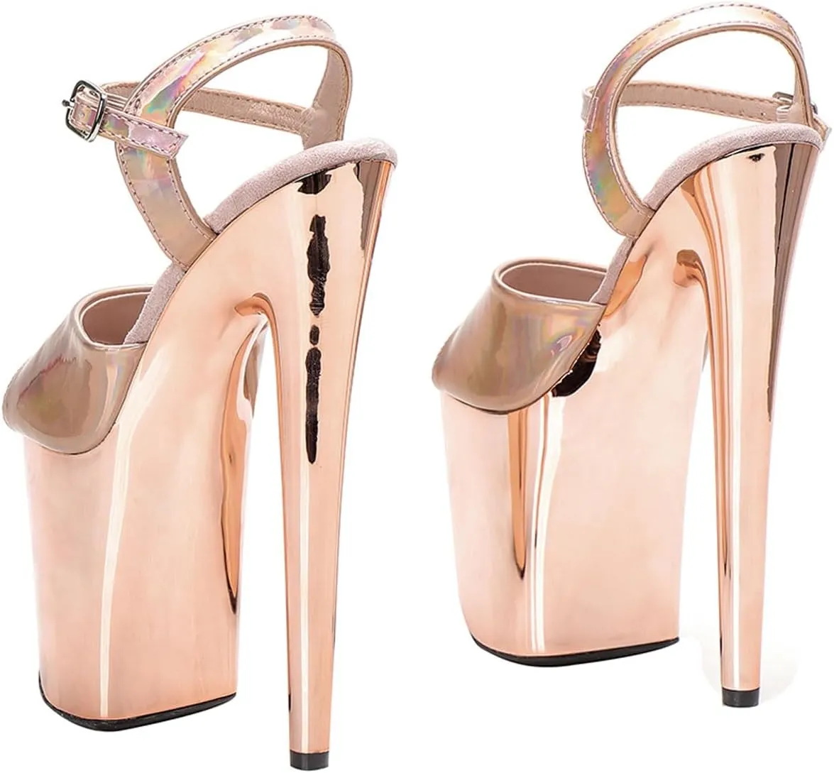 WUXIN H&P Women's Exotic High Heel Sandal 8 Inch Mirror Patent Leather Round Toe Platform Fashion Model Sexy Stiletto Custom Pole Dance Ankle-Strap Dress shoes