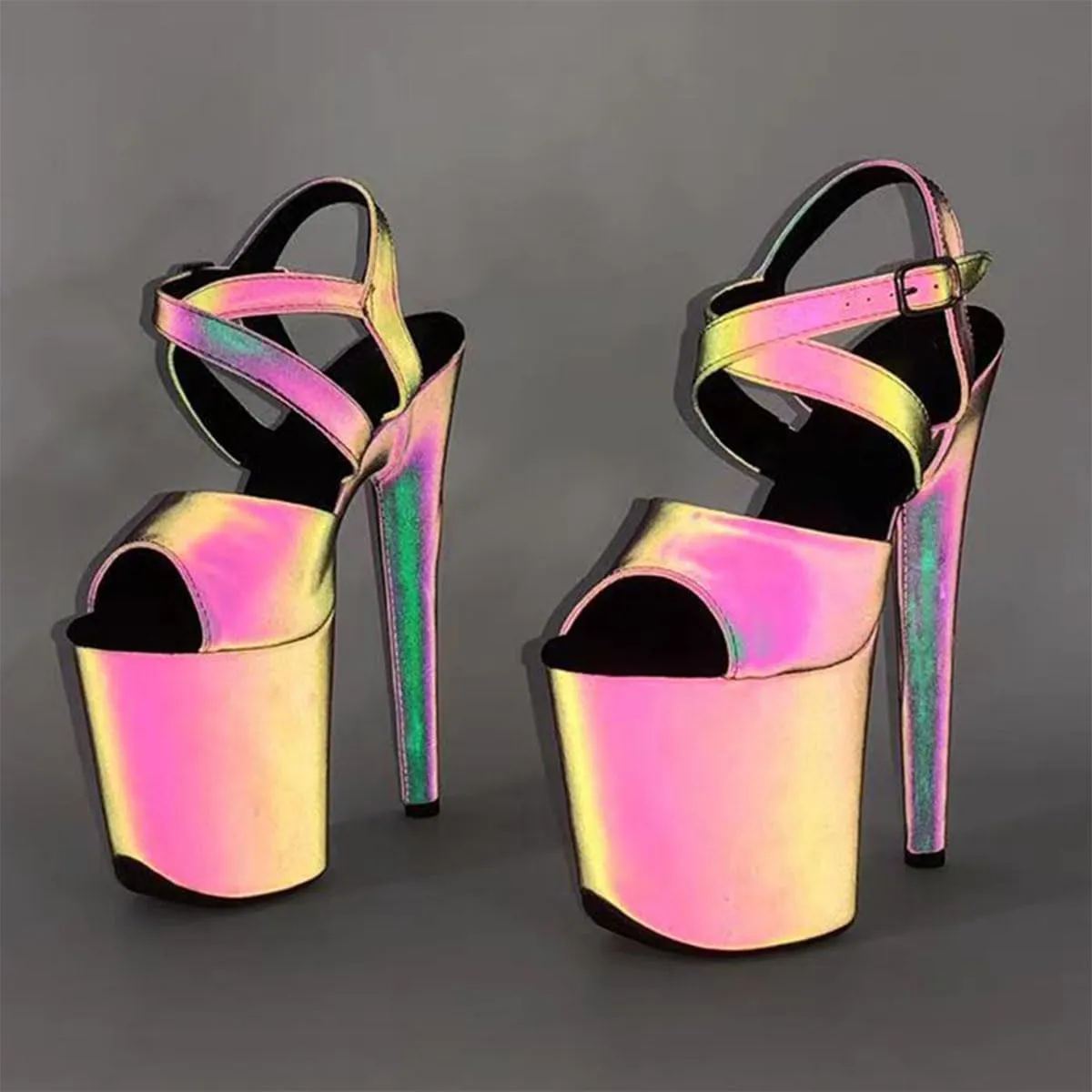 WUXIN H&P Women's Exotic Pole Dance Ankle-Strap Sandal 8 Inch Holographic Night Glow Round Toe Platform Fashion Model Sexy Stiletto Custom Dress shoes High Heel