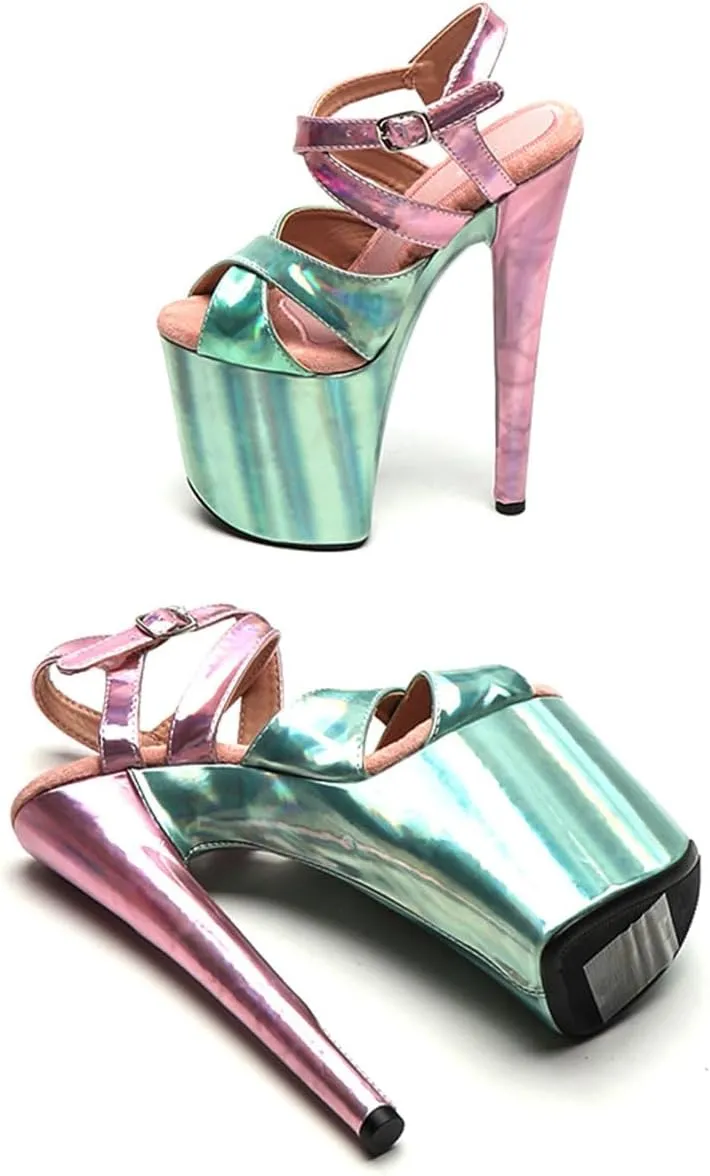 WUXIN H&P Women's Exotic Pole Dance Sandal 8 Inch Round Toe Platform Mirror Holographic Fashion Model Sexy Stiletto Ankle-Strap Custom Dress shoes Stripper High Heel
