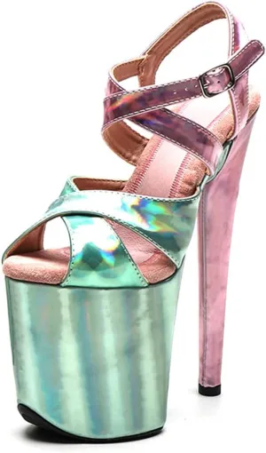 WUXIN H&P Women's Exotic Pole Dance Sandal 8 Inch Round Toe Platform Mirror Holographic Fashion Model Sexy Stiletto Ankle-Strap Custom Dress shoes Stripper High Heel