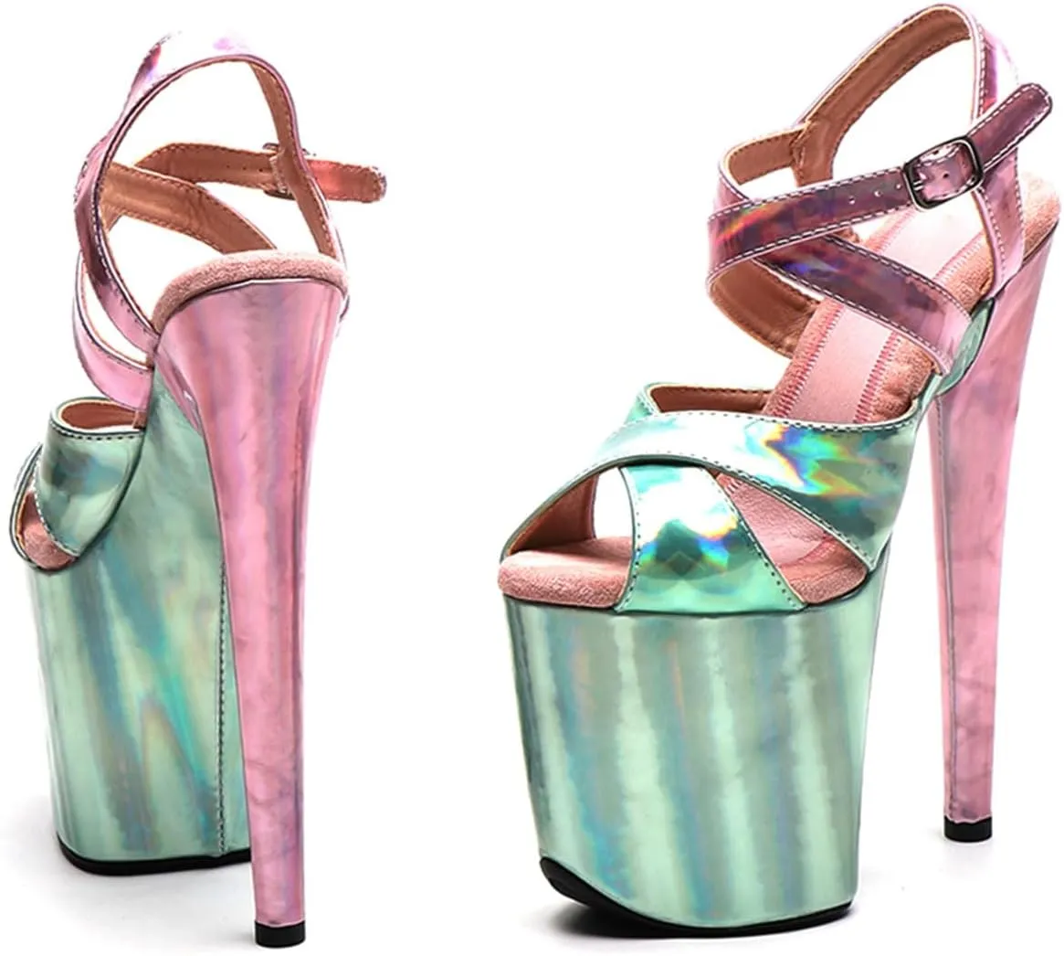 WUXIN H&P Women's Exotic Pole Dance Sandal 8 Inch Round Toe Platform Mirror Holographic Fashion Model Sexy Stiletto Ankle-Strap Custom Dress shoes Stripper High Heel
