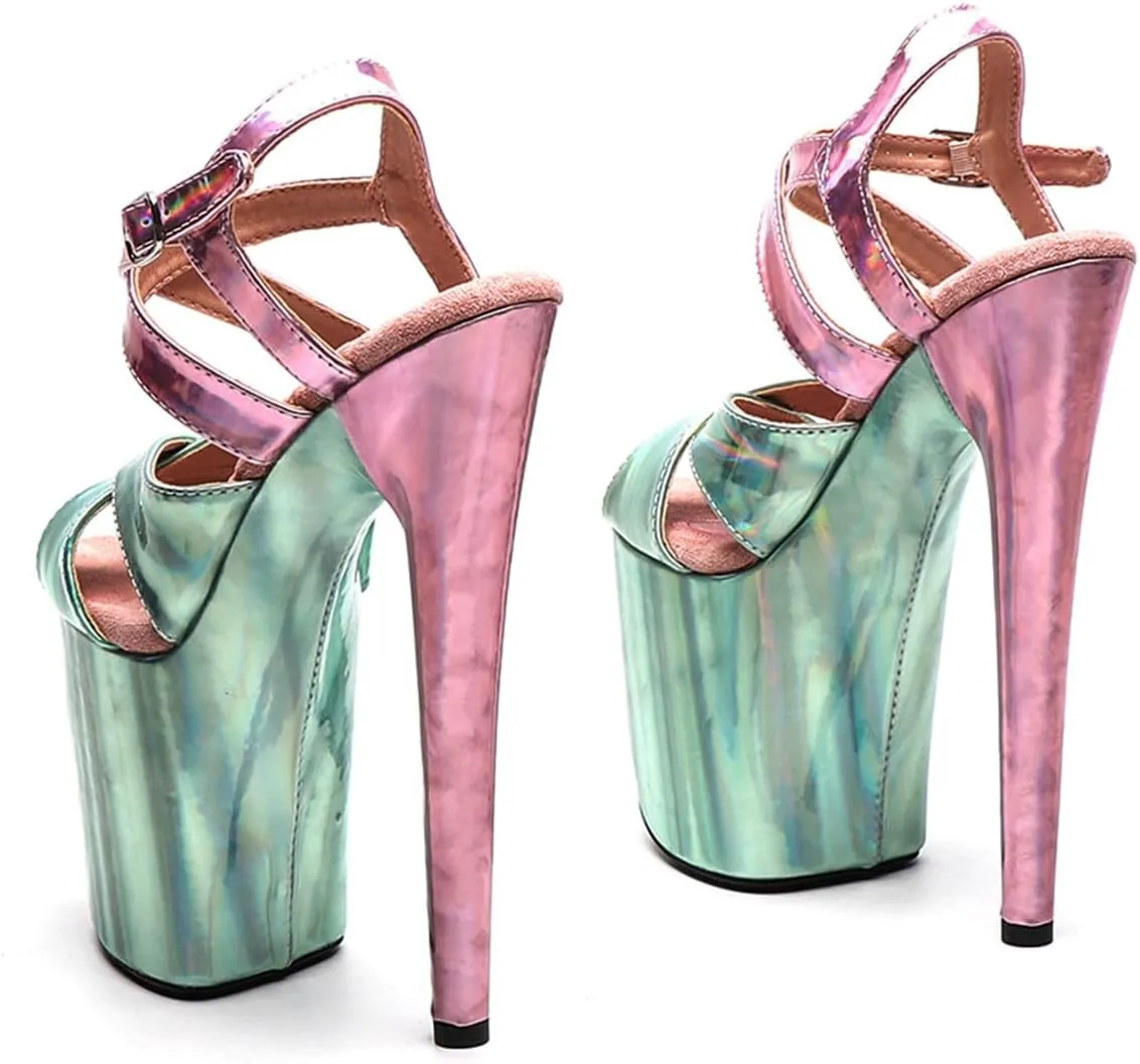 WUXIN H&P Women's Exotic Pole Dance Sandal 8 Inch Round Toe Platform Mirror Holographic Fashion Model Sexy Stiletto Ankle-Strap Custom Dress shoes Stripper High Heel