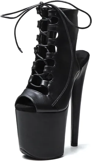 WUXIN H&P Women's Pole Dance Ankle Boots Heels Shoes, 8 in/20cm Heels, Open Toe Lace-up Stiletto Platform Exotic Boots
