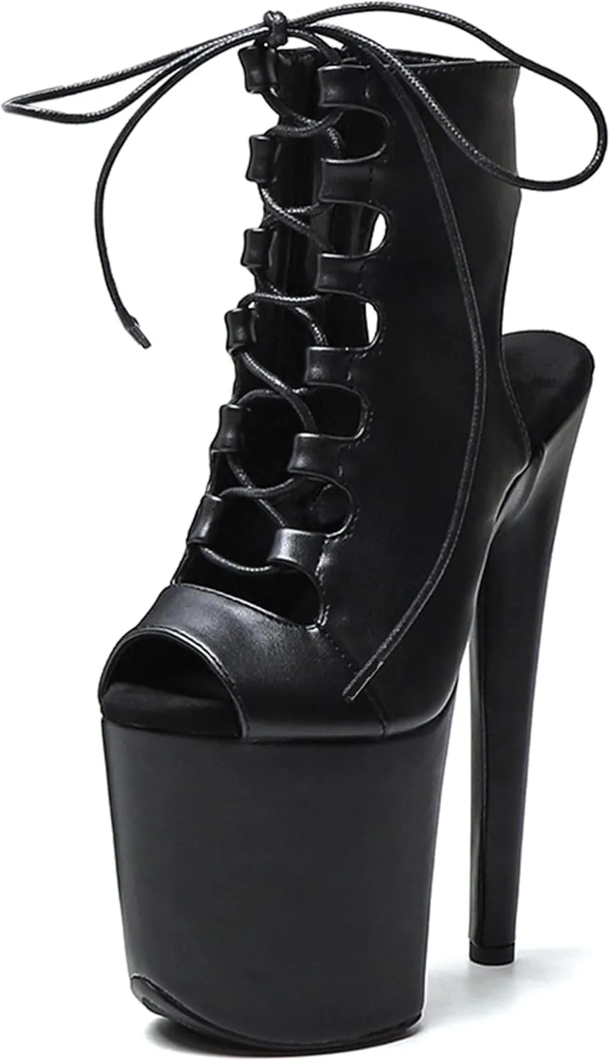 WUXIN H&P Women's Pole Dance Ankle Boots Heels Shoes, 8 in/20cm Heels, Open Toe Lace-up Stiletto Platform Exotic Boots