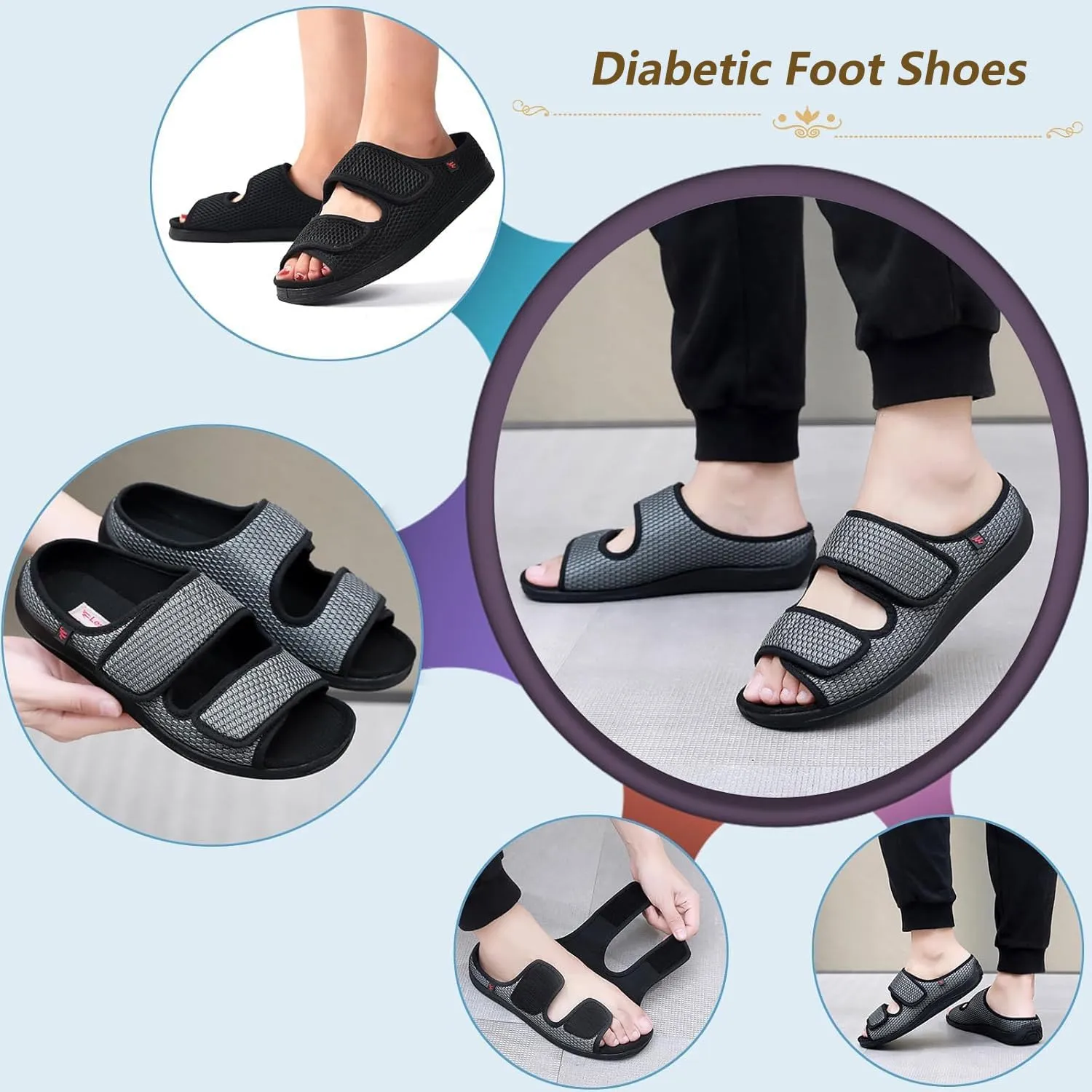 XGOPTS Diabetic Sandals for Women Men Extra Wide Diabetic Foot Shoes Swollen Feet Diabetic Edema Boots Slippers Non Slip Open Toe Adaptive Sandals Diabetic Arthritis Walking Shoes Adjustable Closure