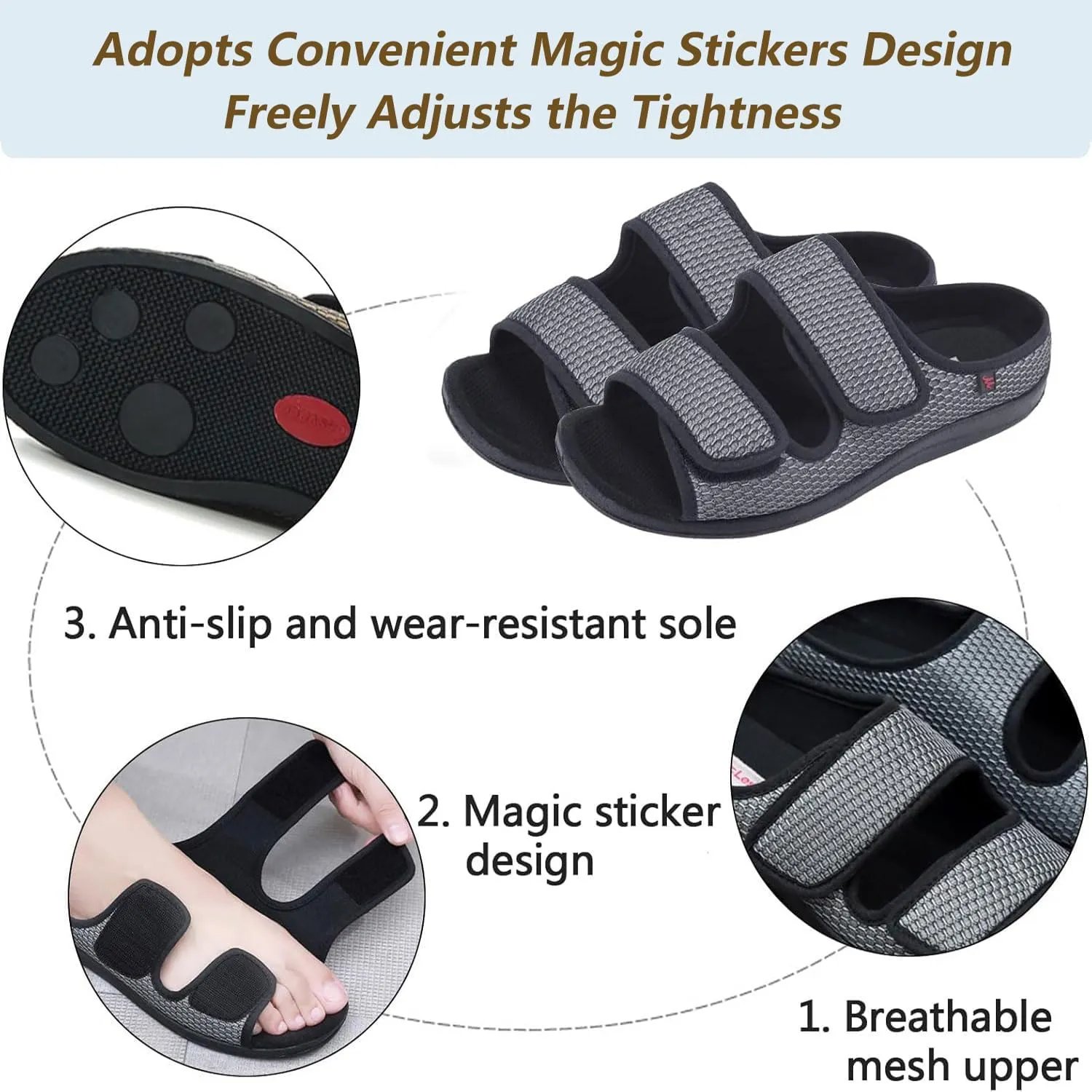 XGOPTS Diabetic Sandals for Women Men Extra Wide Diabetic Foot Shoes Swollen Feet Diabetic Edema Boots Slippers Non Slip Open Toe Adaptive Sandals Diabetic Arthritis Walking Shoes Adjustable Closure