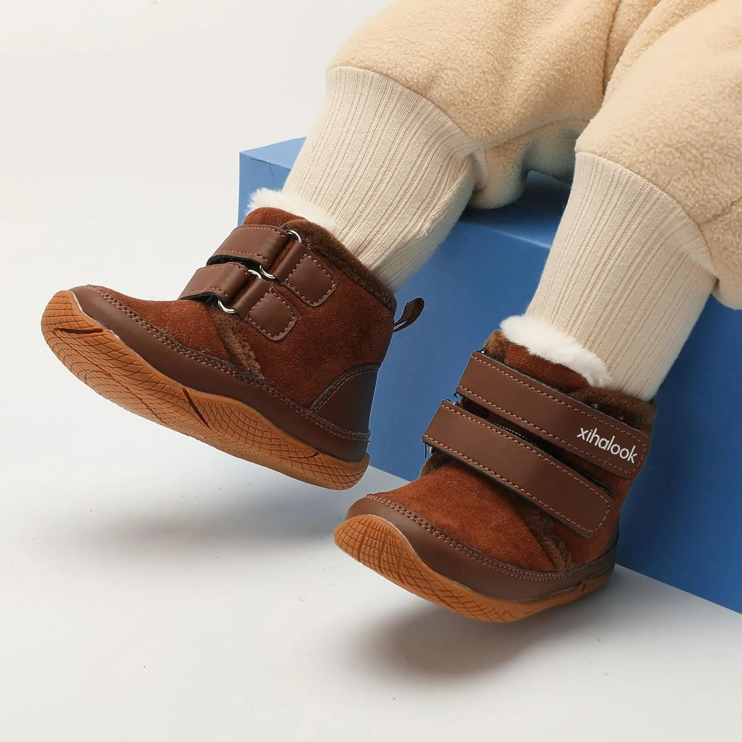 XIHALOOK Toddler Boys Girls Winter Boots Cold Weather Kids Warm Faux Fur Shoes with Two Hook and Loop