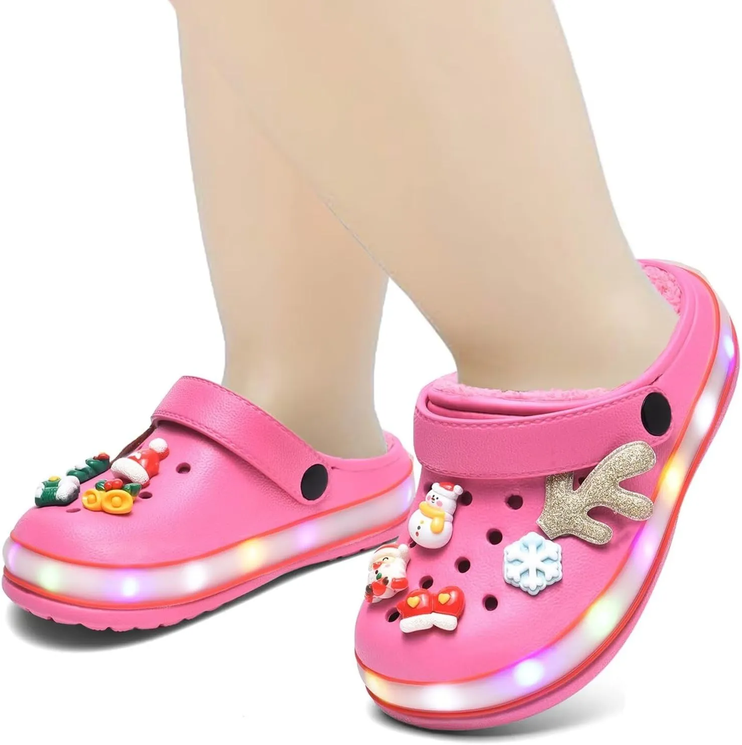 XPKWS Fur Lined Toddler Clogs Kids Slippers Fuzzy Light up Sandals Boys Girls Garden Shoes Winter Warm Cartoon Slides Slip on Lightweight