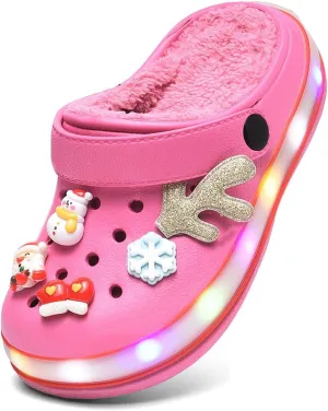 XPKWS Fur Lined Toddler Clogs Kids Slippers Fuzzy Light up Sandals Boys Girls Garden Shoes Winter Warm Cartoon Slides Slip on Lightweight