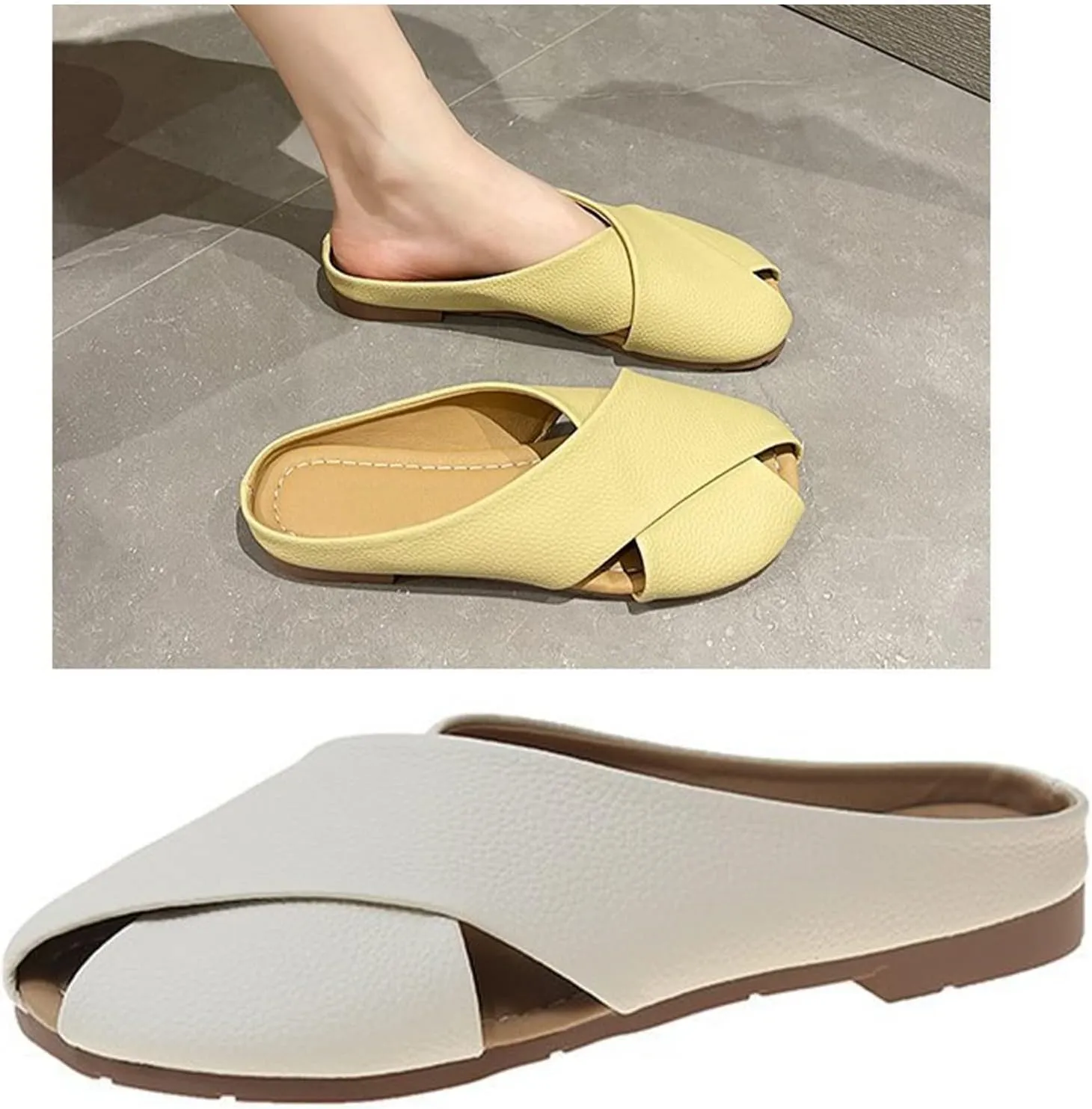 XUEMML Clogs Shoes For Women，Leather Slipper Summer Comfortable Vintage Casual Beach Closed Foot Teeth Slip On Mules Sandals