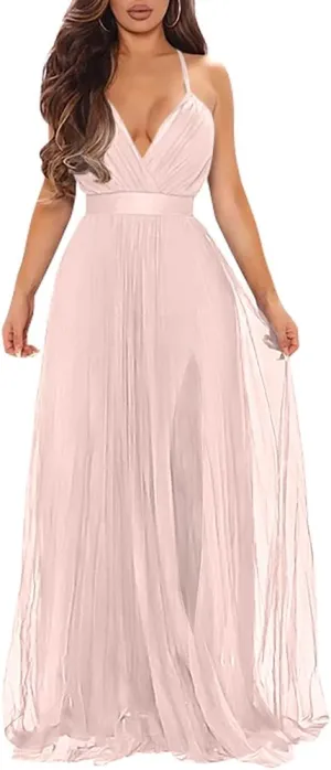 XXTAXN Women's Sexy Deep V Neck Split Cocktail Party Formal Bridesmaid Maxi Dress