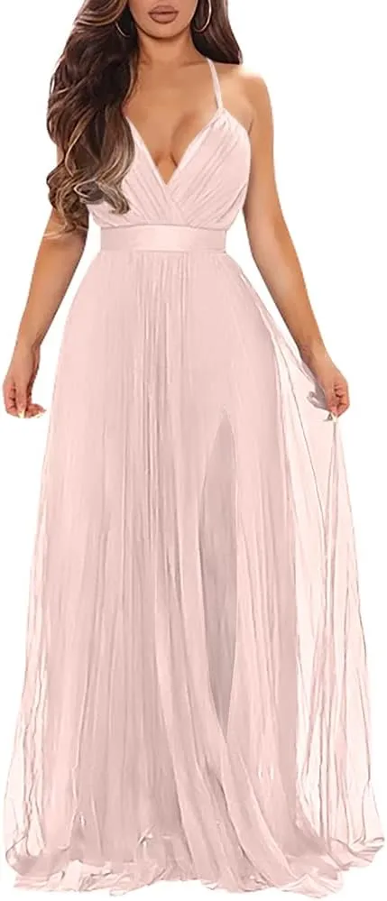 XXTAXN Women's Sexy Deep V Neck Split Cocktail Party Formal Bridesmaid Maxi Dress