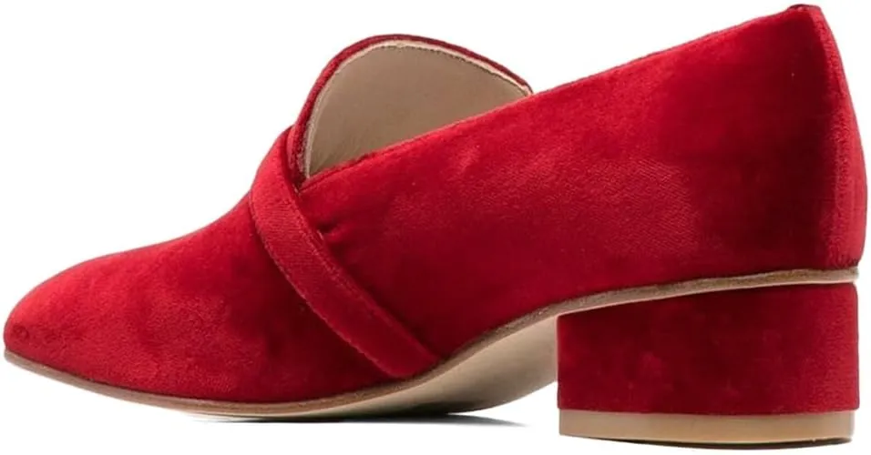 XYD Women's Velvet Loafer Flat with Crystal Buckle Strap Closed Round Toe Chunky Low Heel Slip On Comfort Driving Office Event Shoes