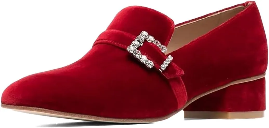 XYD Women's Velvet Loafer Flat with Crystal Buckle Strap Closed Round Toe Chunky Low Heel Slip On Comfort Driving Office Event Shoes
