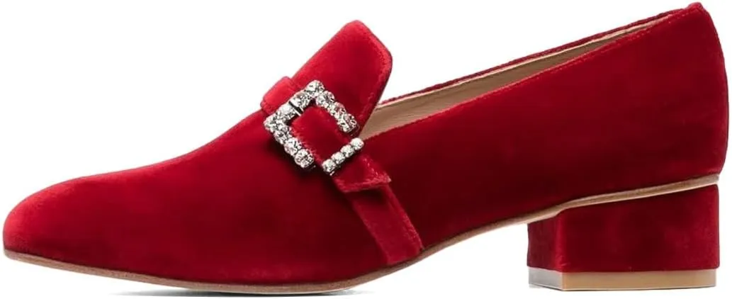 XYD Women's Velvet Loafer Flat with Crystal Buckle Strap Closed Round Toe Chunky Low Heel Slip On Comfort Driving Office Event Shoes