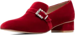 XYD Women's Velvet Loafer Flat with Crystal Buckle Strap Closed Round Toe Chunky Low Heel Slip On Comfort Driving Office Event Shoes