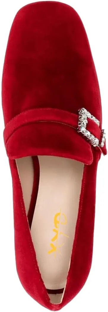 XYD Women's Velvet Loafer Flat with Crystal Buckle Strap Closed Round Toe Chunky Low Heel Slip On Comfort Driving Office Event Shoes