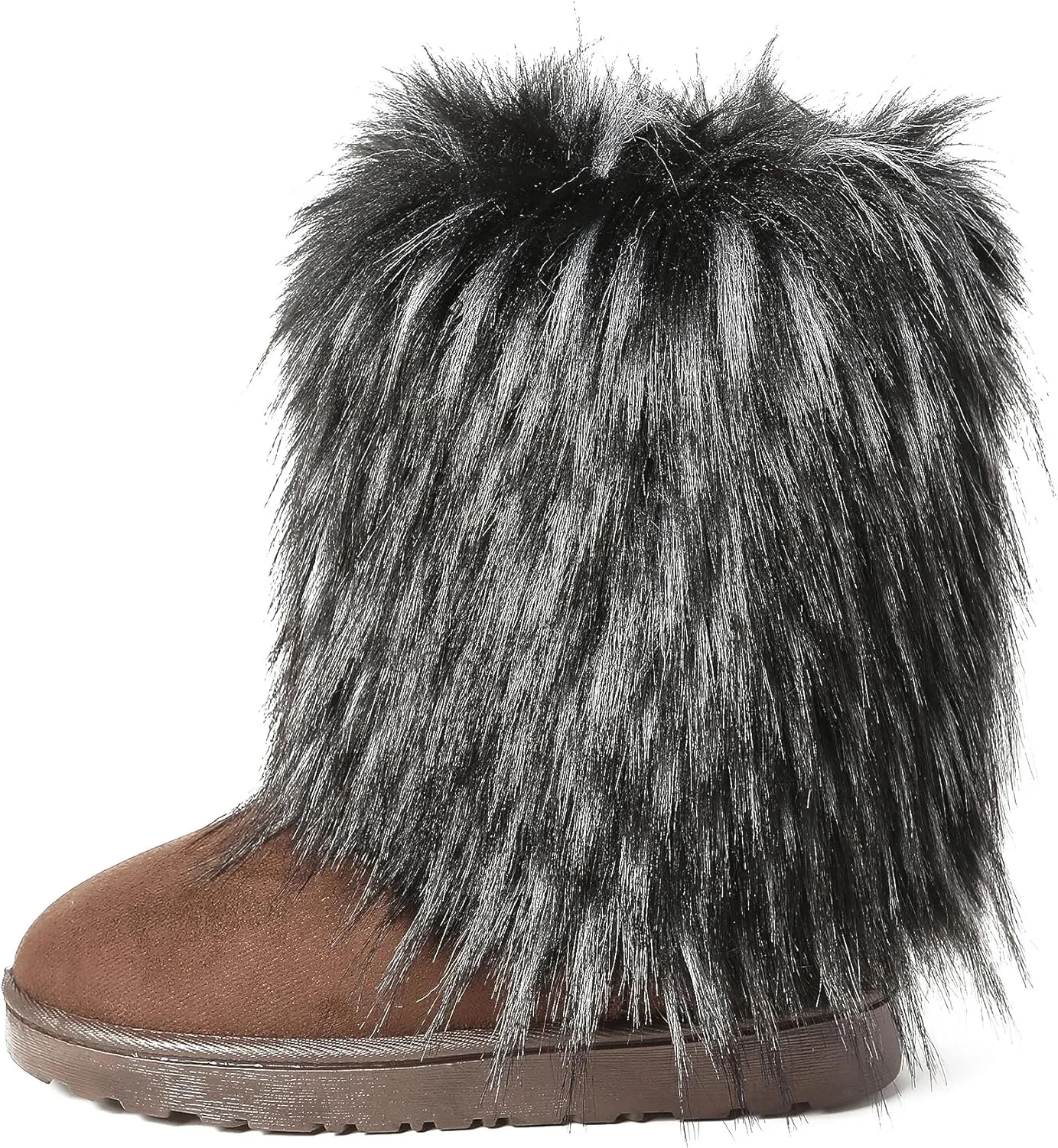 yamerbo Faux Fur Boots for Women, Fuzzy Flurry Furry Leg Warm Boots, Winter Mid-Calf Snow Shoes, Round Toe Suede Winter Warm Flat Short Boots for Outdoors