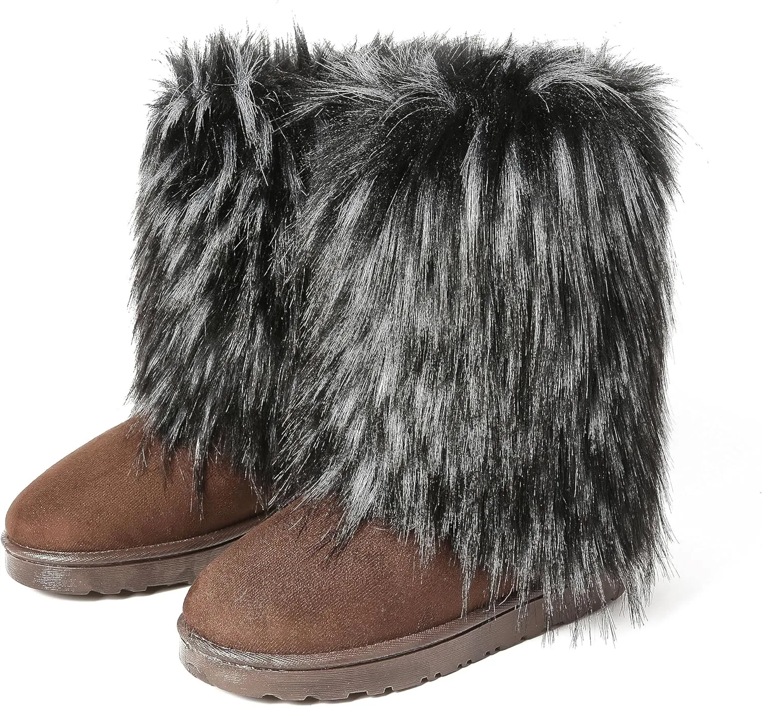 yamerbo Faux Fur Boots for Women, Fuzzy Flurry Furry Leg Warm Boots, Winter Mid-Calf Snow Shoes, Round Toe Suede Winter Warm Flat Short Boots for Outdoors