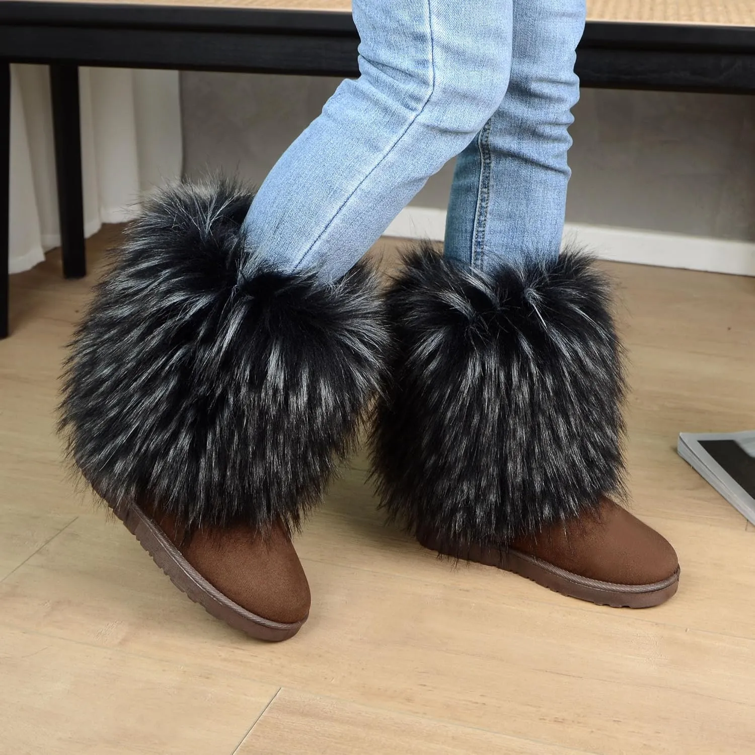yamerbo Faux Fur Boots for Women, Fuzzy Flurry Furry Leg Warm Boots, Winter Mid-Calf Snow Shoes, Round Toe Suede Winter Warm Flat Short Boots for Outdoors