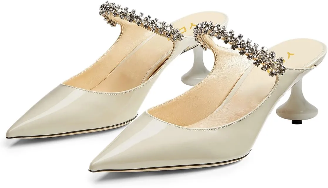 YDN Women Ankle Strap Mules Studded Slippers Pointed Toe Sandals Chunky Mid Heels Slip On Shoes Prom Party Shopping Size 4-16 US