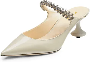 YDN Women Ankle Strap Mules Studded Slippers Pointed Toe Sandals Chunky Mid Heels Slip On Shoes Prom Party Shopping Size 4-16 US