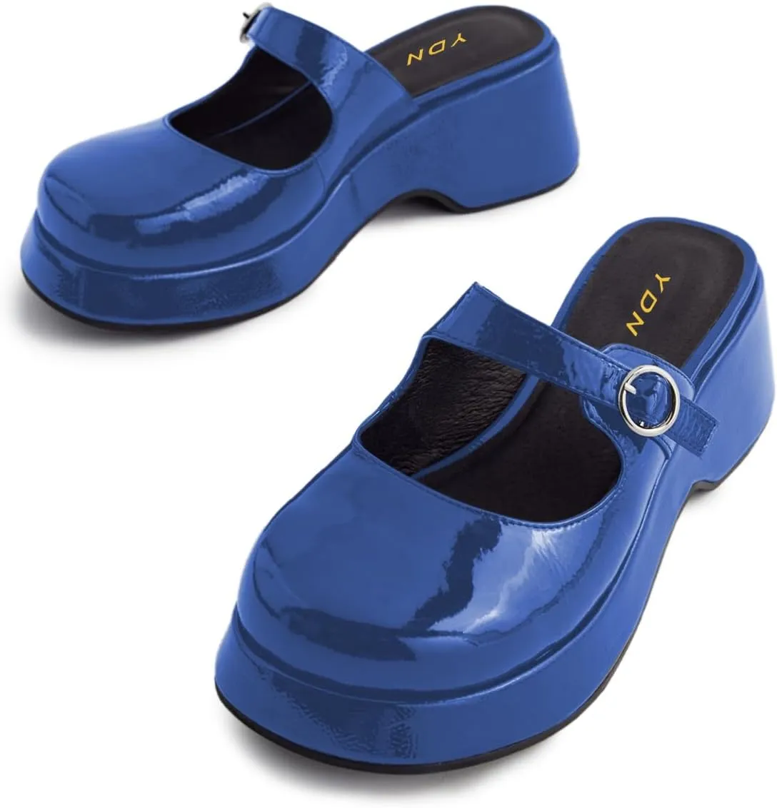 YDN Women Buckle Mules Ankle Strap Slippers Slip On Sandals Platform Wedge Low Heels Closed Round Toe Shoes Party Shopping Indoor Size 4-16 US