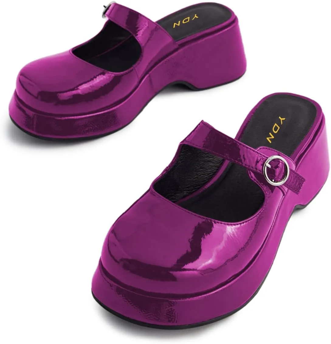 YDN Women Buckle Mules Ankle Strap Slippers Slip On Sandals Platform Wedge Low Heels Closed Round Toe Shoes Party Shopping Indoor Size 4-16 US