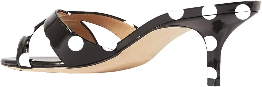 YDN Women Fashion Open Round Toe Mules Mid Kitten Heel Sandals Cross Strap Multi Print Choices Slip On Dress Casual Shoes Size 4-15 US