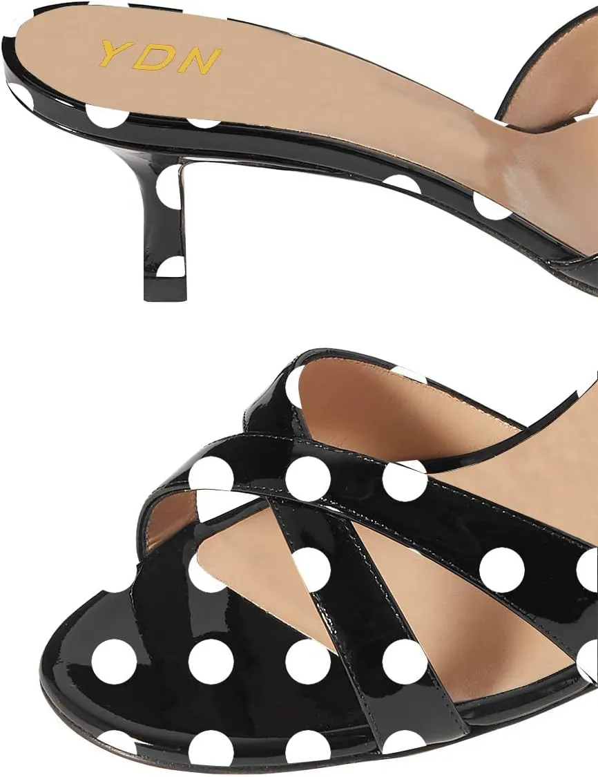 YDN Women Fashion Open Round Toe Mules Mid Kitten Heel Sandals Cross Strap Multi Print Choices Slip On Dress Casual Shoes Size 4-15 US