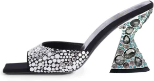 YDN Women Sexy Mules Studded Slippers Slip On Sandals Rhinestone Chunky High Heels Square Toe Shoes Party Shopping Evening Size 4-16 US