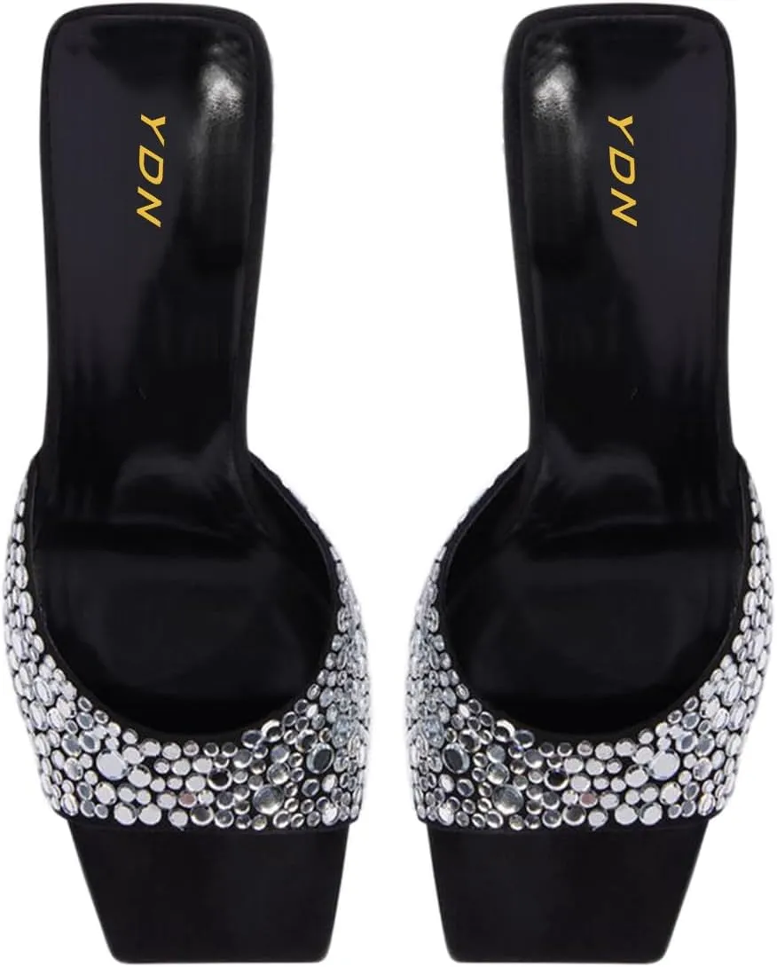 YDN Women Sexy Mules Studded Slippers Slip On Sandals Rhinestone Chunky High Heels Square Toe Shoes Party Shopping Evening Size 4-16 US