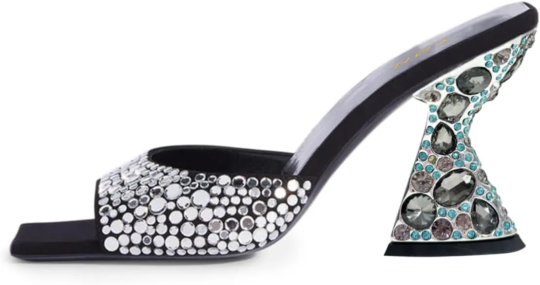 YDN Women Sexy Mules Studded Slippers Slip On Sandals Rhinestone Chunky High Heels Square Toe Shoes Party Shopping Evening Size 4-16 US