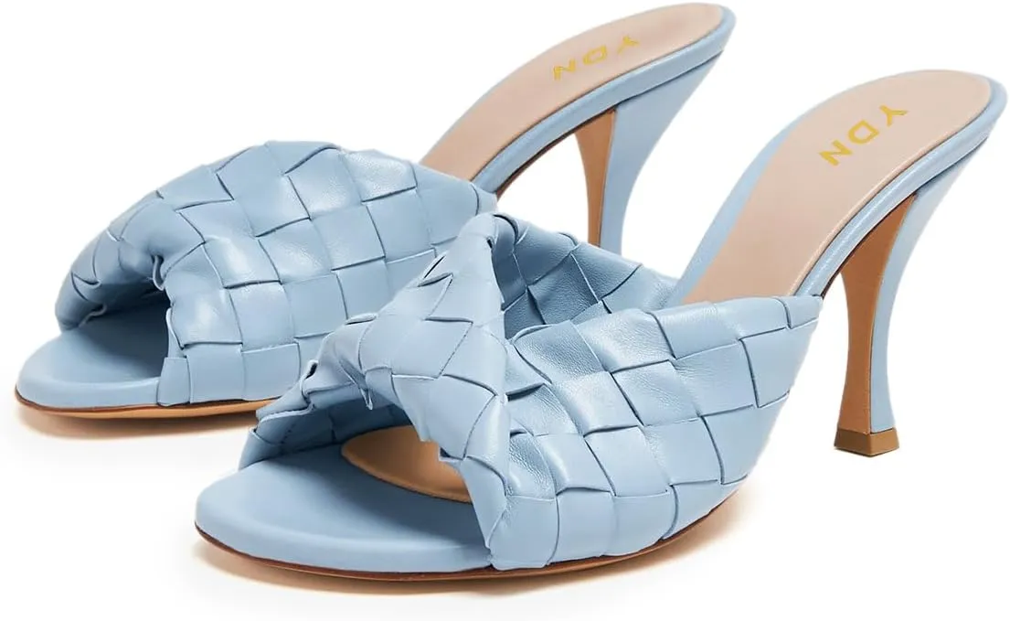 YDN Women's Open Toe Checkered Pretty Mules High Spool Heels Slide Sandals Slip On Pumps Dressy Casual Party Daily Shoes Size 4-16 US