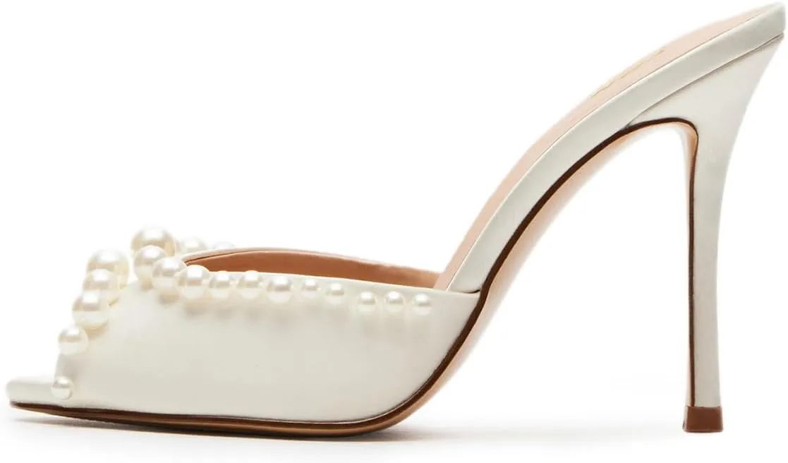 YDN Women's Peep Toe Pearl Studded Mules Stiletto High Heels Sexy Slip On Sandals Dress Party Wedding Formal Slide Shoes Size 4-16 US