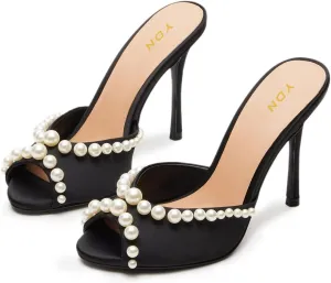 YDN Women's Peep Toe Pearl Studded Mules Stiletto High Heels Sexy Slip On Sandals Dress Party Wedding Formal Slide Shoes Size 4-16 US