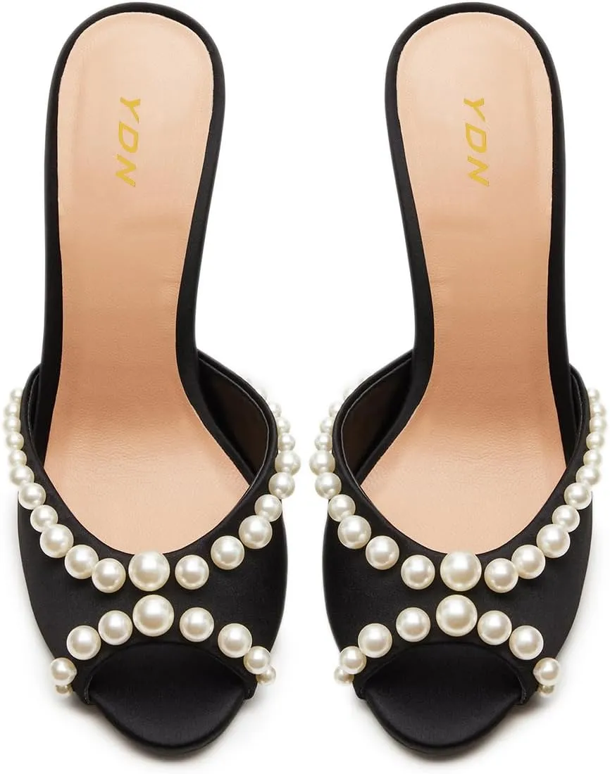 YDN Women's Peep Toe Pearl Studded Mules Stiletto High Heels Sexy Slip On Sandals Dress Party Wedding Formal Slide Shoes Size 4-16 US