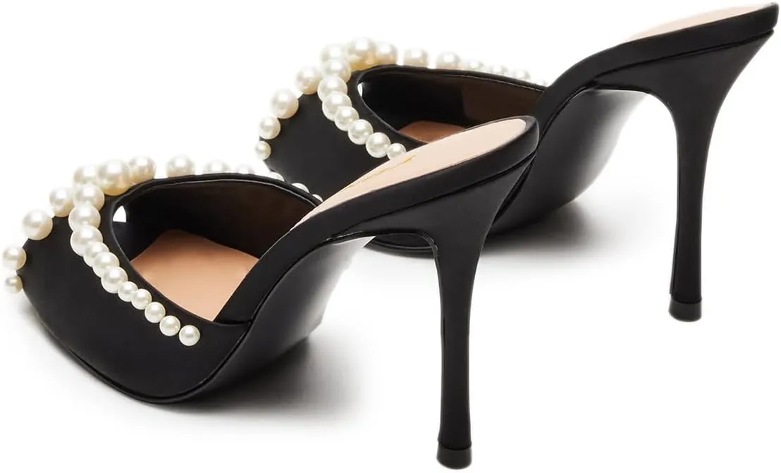YDN Women's Peep Toe Pearl Studded Mules Stiletto High Heels Sexy Slip On Sandals Dress Party Wedding Formal Slide Shoes Size 4-16 US