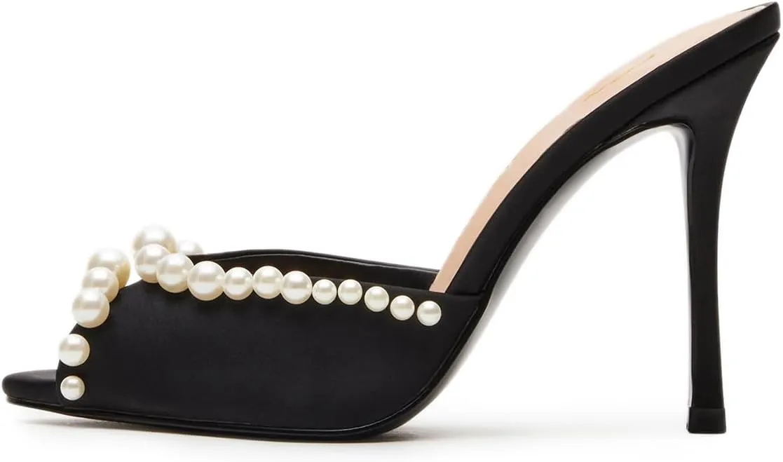 YDN Women's Peep Toe Pearl Studded Mules Stiletto High Heels Sexy Slip On Sandals Dress Party Wedding Formal Slide Shoes Size 4-16 US
