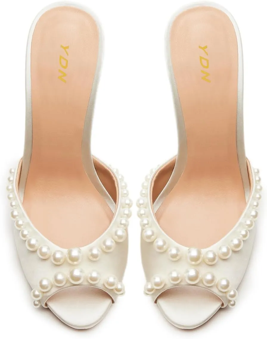 YDN Women's Peep Toe Pearl Studded Mules Stiletto High Heels Sexy Slip On Sandals Dress Party Wedding Formal Slide Shoes Size 4-16 US